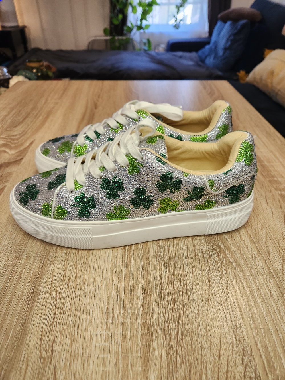 Blue by Betsey Johnson Green Crystal Clover Platform Sneakers